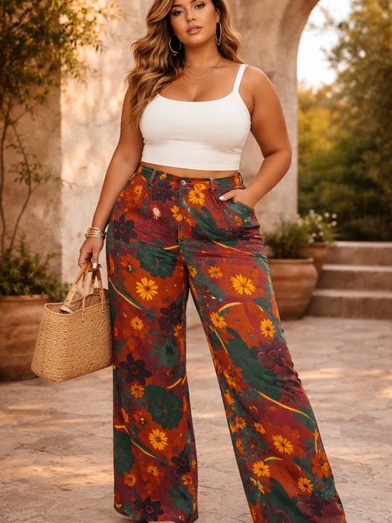 KCGH Pants - KCGH Retro Floral Wide-Leg Pants – Bold 70s Statement | Size XL